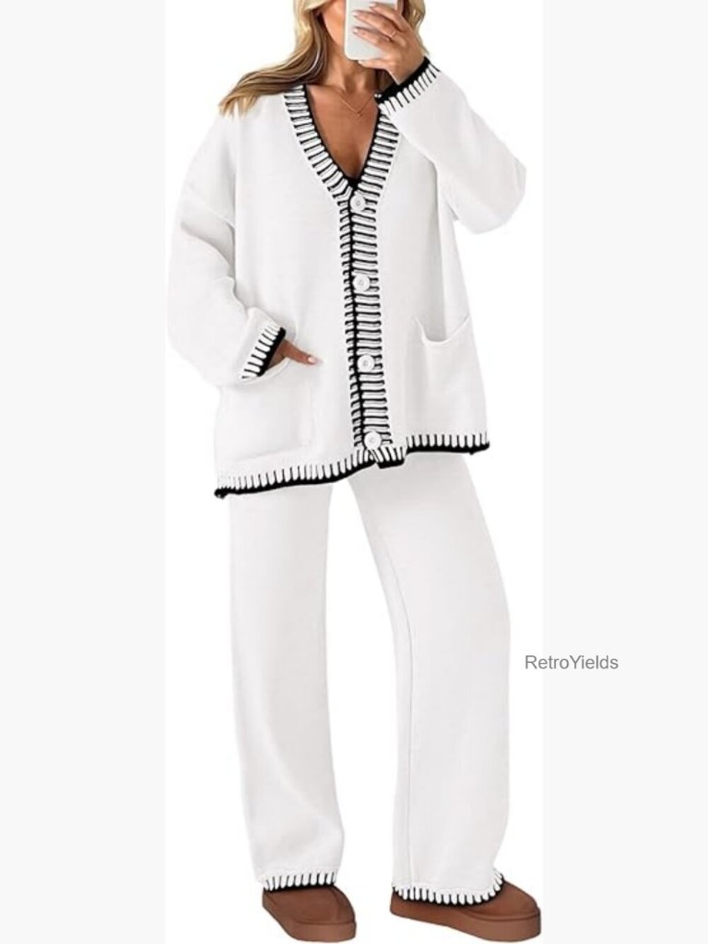 Cardigan Sweater and Wide Leg Pants 2 Piece Set Loungewear Track Suit